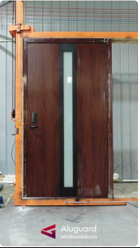 Modern Minimalist Wood Look Aluminum Pivot Door with Smart Lock