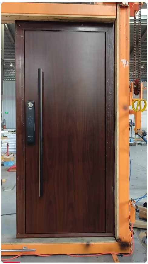 Walnut color aluminum panel entrance front door with smart lock