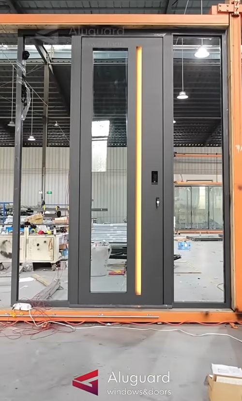 Grey recessed smart locking hinge door with integrated LED strip and dual-point fixation.